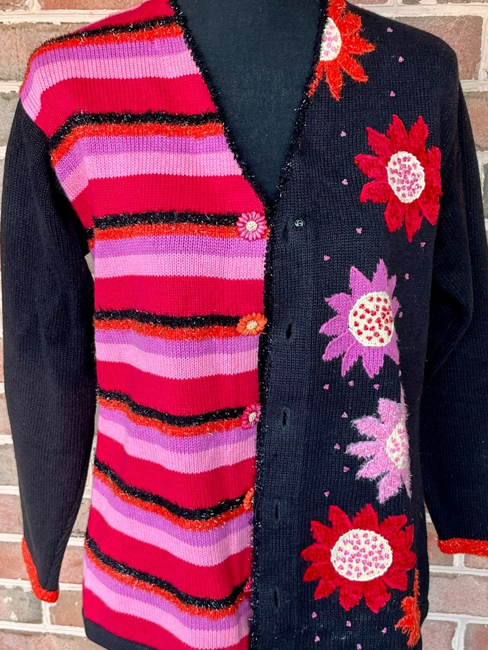 Vtg Storybook Knits Bright Daisy Cardigan Sweater S 90s Whimsigoth Floral Beaded - Picture 11 of 17